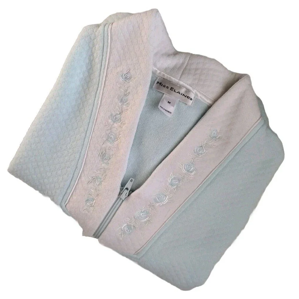 Miss Elaine Vintage Nightgown Sz M | Blue Zip Robe Housecoat | Pocket Retro Cozy